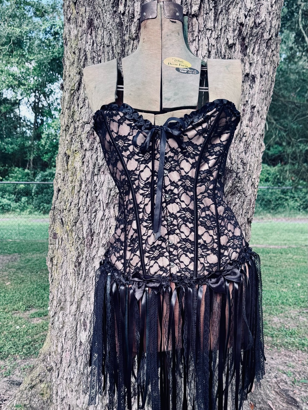 Whimsical Upcycled Black Lace Festival Fairy Bustier with Fringe